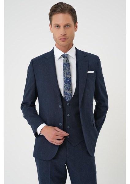 Slim Fit Çift Yırtmaç Keten Karışımlı Yelekli Klasik Lacivert Takım Elbise Tk 914 indirimleri