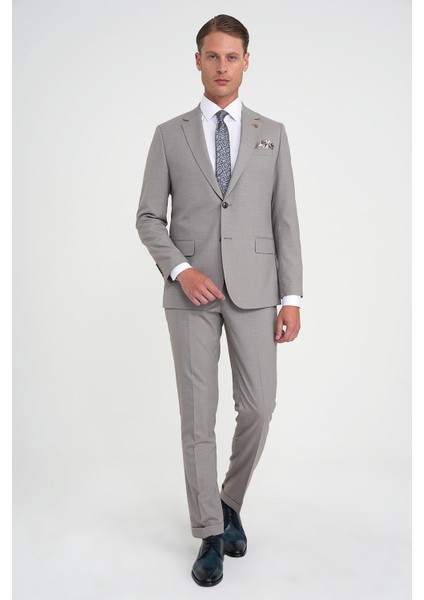 Slim Fit Çift Yırtmaç Esnek Yelekli Klasik Bej Takım Elbise Tk 916
