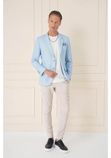 Comfort Fit Çift Yırtmaç Kırçıllı Keten Casual Mavi Ceket C 677
