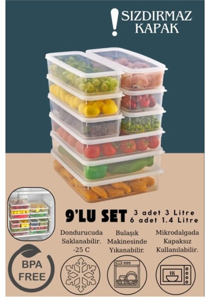 9 Lu Set Sızdırmaz Fresh Saklama Kabı 3 Adet 3000ML 6 Adet 1400ML - Şeffaf - Buzdolabı Düzenleyici