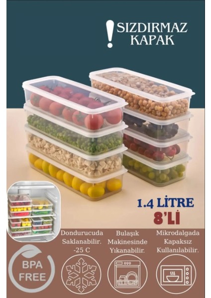 8 Adet Vakumlu Sızdırmaz Erzak Fresh Saklama Kabı Seti 1400ML - Şeffaf - Buzdolabı Düzenleyici