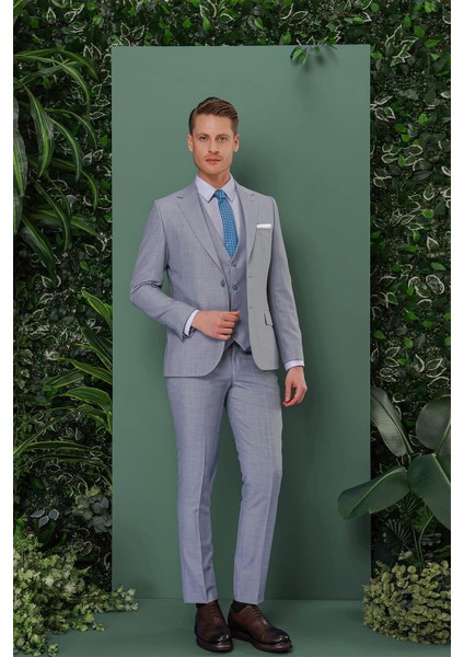 Tk 872 Slim Fit Gri-Mavi Klasik Takım Elbise