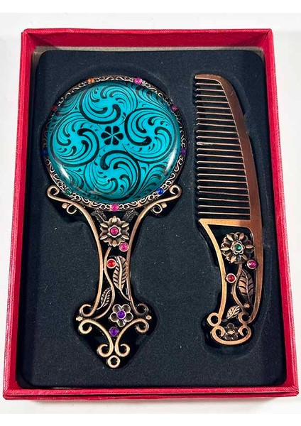 Mavi Zemin Haliç Desenli Taraklı Ayna Seti