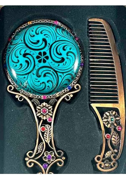 Mavi Zemin Haliç Desenli Taraklı Ayna Seti fiyatları