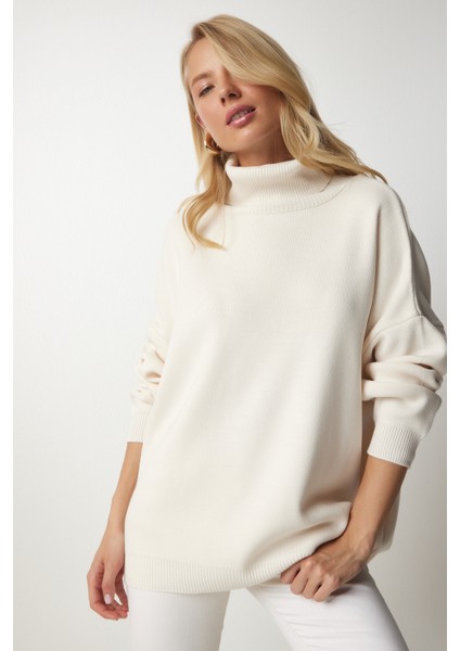 Balıkçı Yaka Oversize Triko Kazak LBV0011 Krem