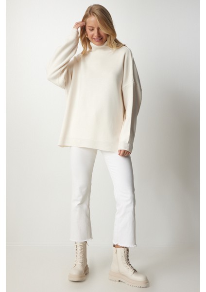 Balıkçı Yaka Oversize Triko Kazak LBV0011 Krem modelleri