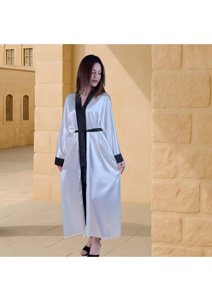 Beyaz Uzun Saten Kimono | Siyah Biyeli Kadın Sabahlık | Lüks Ev Giyimi | Kadın Hediye Giyim