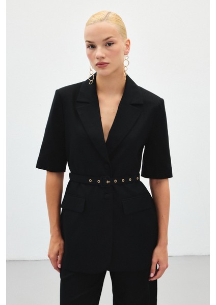 Kısa Kollu Kemerli Ceket - Siyah