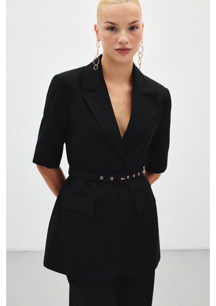 Kısa Kollu Kemerli Ceket - Siyah indirimleri