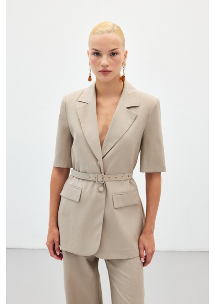 Kısa Kollu Kemerli Ceket - Vizon