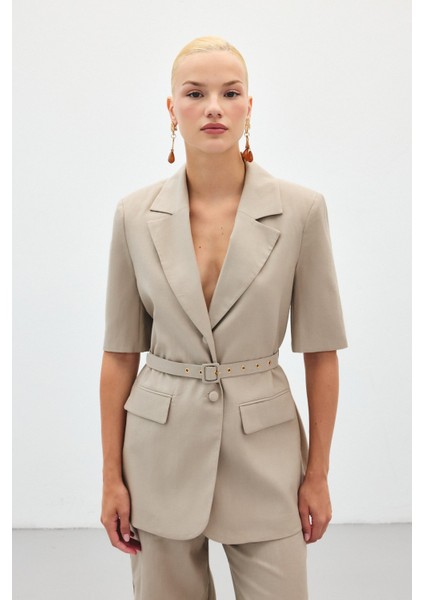 Kısa Kollu Kemerli Ceket - Vizon modelleri