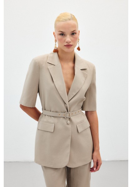 Kısa Kollu Kemerli Ceket - Vizon indirimleri