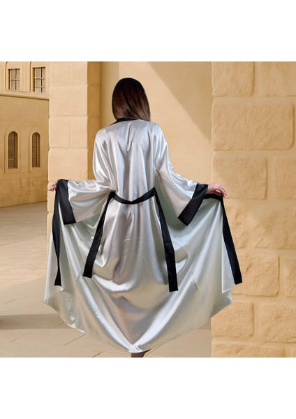 Beyaz Uzun Saten Kimono | Siyah Biyeli Kadın Sabahlık | Lüks Ev Giyimi | Kadın Hediye Giyim fiyatları