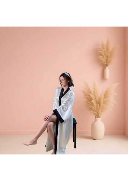 Beyaz Uzun Saten Kimono | Siyah Biyeli Kadın Sabahlık | Lüks Ev Giyimi | Kadın Hediye Giyim fırsatları