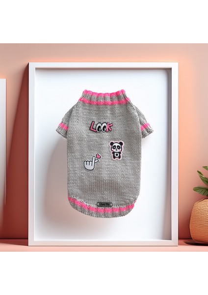 Köpek Için Panda Love Gri Pembe Kazak
