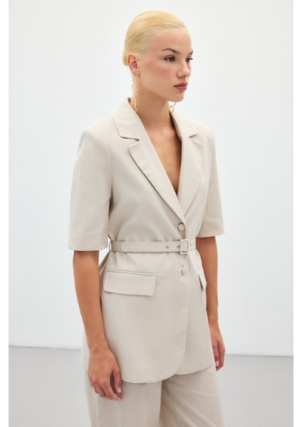 Kısa Kollu Kemerli Ceket - Taş
