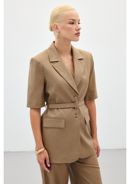 Kısa Kollu Kemerli Ceket - Camel modelleri