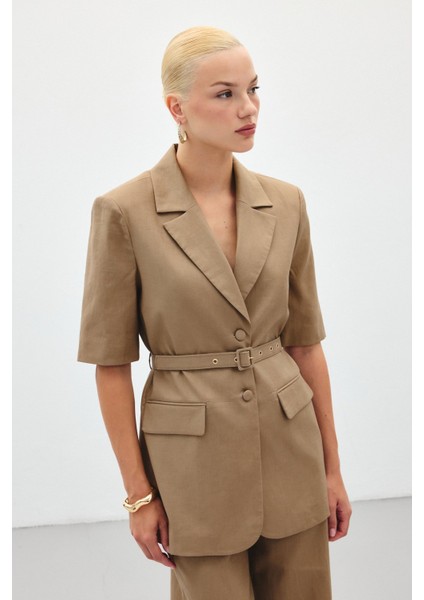 Kısa Kollu Kemerli Ceket - Camel indirimleri