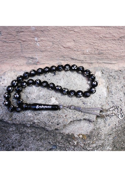 925 Ayar Gümüş İsim Üç Hilal Ayyıldız İşlemeli Orijinal Oltu Taşı Tesbih