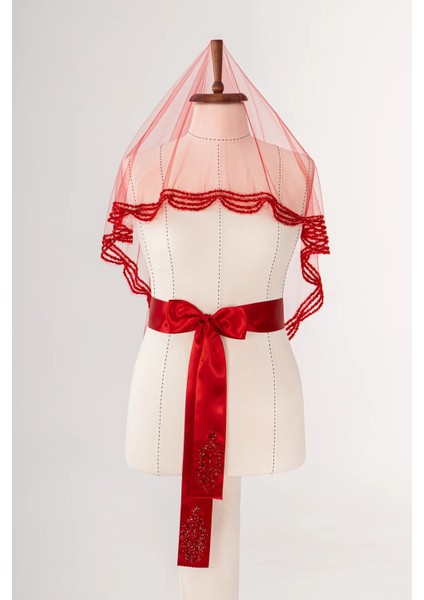 Dalga Taşlı Gelin Duvağı Seti (Kına Örtüsü + Gelin Kuşağı + Kına Eldiveni)