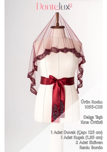 Dalga Taşlı Gelin Duvağı Seti (Kına Örtüsü + Gelin Kuşağı + Kına Eldiveni) indirimleri