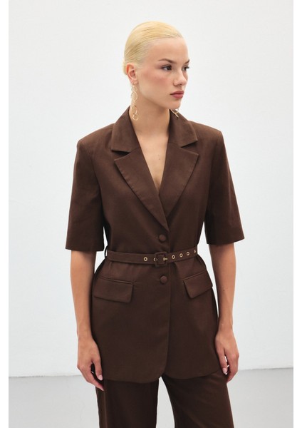 Kısa Kollu Kemerli Ceket - Kahve
