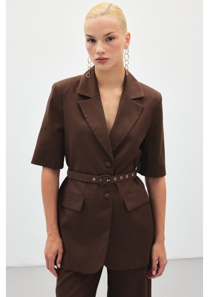 Kısa Kollu Kemerli Ceket - Kahve modelleri