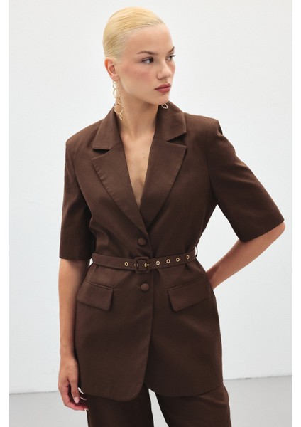 Kısa Kollu Kemerli Ceket - Kahve indirimleri