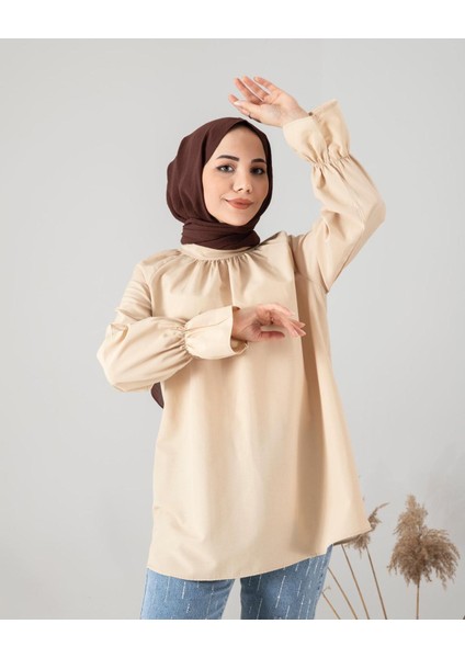 Kolu Büzgülü Poplin Gömlek