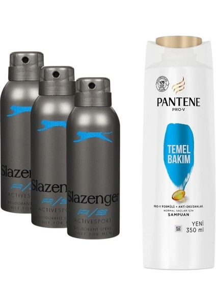 Active Mavi Erkek Sprey Deodorant 150 ml 3 Adet + Pantene-Temel Bakım Şampuan 350 ml