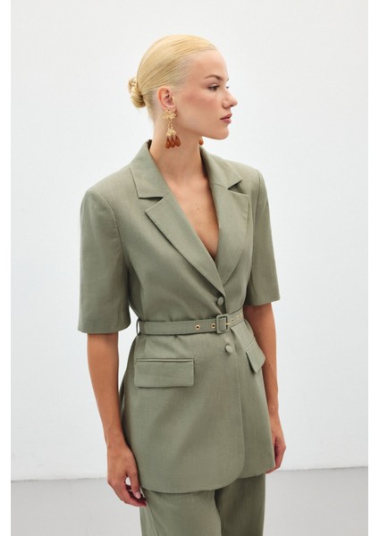 Kısa Kollu Kemerli Ceket - Haki