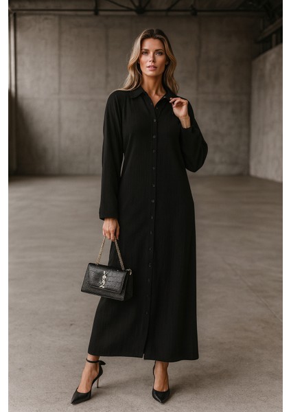 Bürümcük Kumaş Gömlek Yaka Boydan Düğmeli Uzun Elbise Tesettüre Uygun