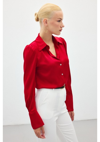 Vatkalı Saten Gömlek - Kırmızı