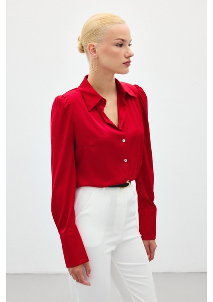 Vatkalı Saten Gömlek - Kırmızı fiyatları