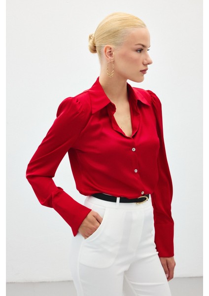 Vatkalı Saten Gömlek - Kırmızı modelleri