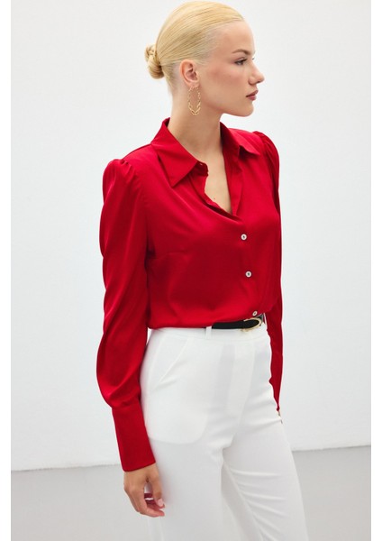 Vatkalı Saten Gömlek - Kırmızı fırsatları