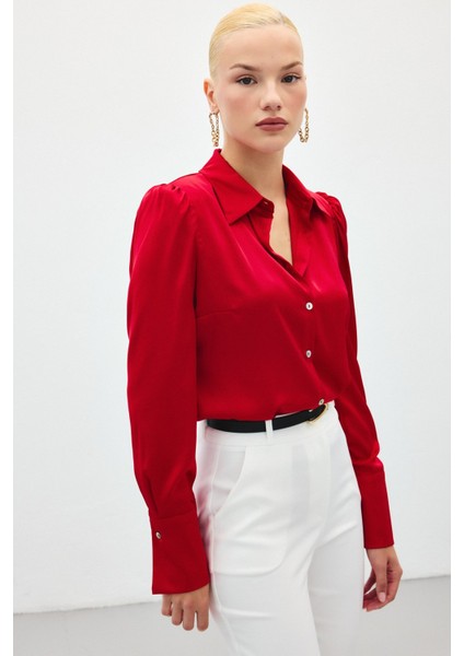 Vatkalı Saten Gömlek - Kırmızı indirimleri