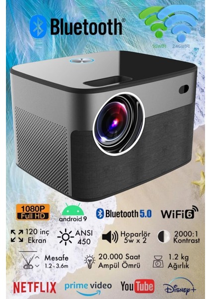 Projeksiyon Taşınabilir Sinema Projektörü 1280 * 720P Ev Sineması Bluetooth Android 11 Akıllı Wifi