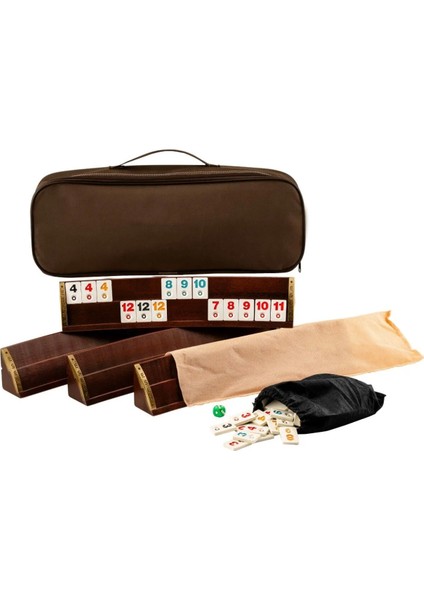 Büyük Boy Lüks Çantalı Tahta Ağaç Ahşap Kemik Taşlı Oval Okey Takımı Seti 43 cm 101 Okey Hediyeli