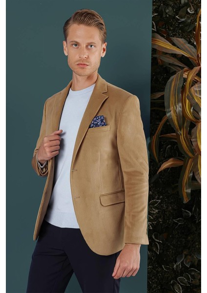 Camel Kadife Slim Fit Çift Yırtmaçlı Mono Yaka Casual Ceket fiyatları