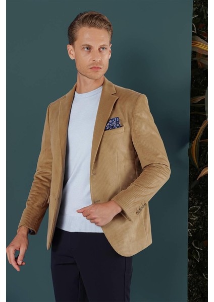 Camel Kadife Slim Fit Çift Yırtmaçlı Mono Yaka Casual Ceket modelleri