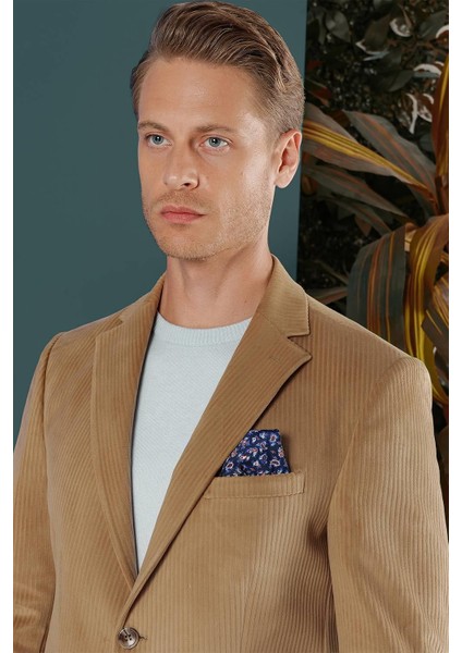 Camel Kadife Slim Fit Çift Yırtmaçlı Mono Yaka Casual Ceket indirimleri