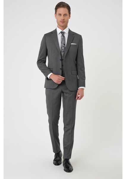 Slim Fit Esnek Yelekli Klasik Füme Takım Elbise Tk 897