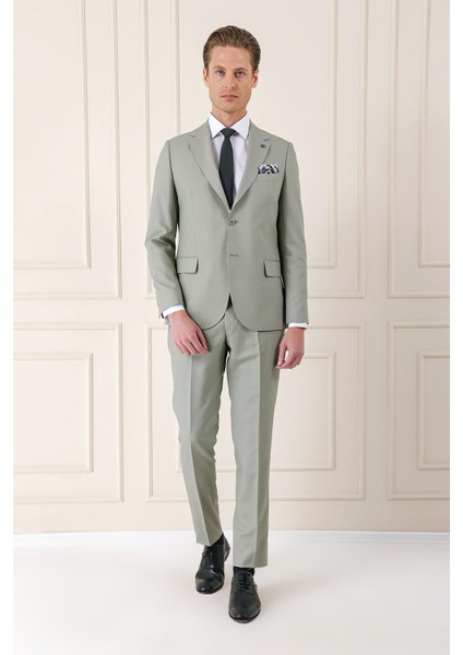 Slim Fit Jakarlı Çift Yırtmaç Klasik Nil Yeşili Takım Elbise Tk 893