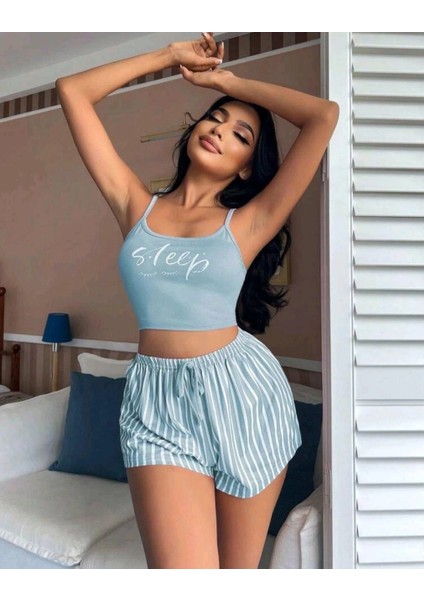 Kadın Mavi Çizgili Desenli Askılı Şortlu Pijama Takım 5001