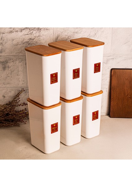 Cube - 6'lı Vakumlu Ahşap Kapaklı Etiketli Plastik Saklama Kabı Baharatlık Saklama Organizeri 1900ML