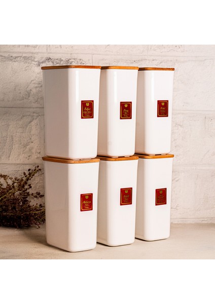 Cube - 6'lı Vakumlu Ahşap Kapaklı Etiketli Plastik Saklama Kabı Baharatlık Saklama Organizeri 1900ML fiyatları