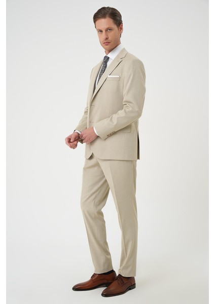 Slim Fit Dokulu Çift Yırtmaç Yelekli Klasik Bej Takım Elbise Tk 898 fiyatları