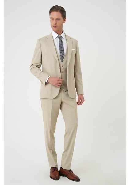 Slim Fit Dokulu Çift Yırtmaç Yelekli Klasik Bej Takım Elbise Tk 898 modelleri