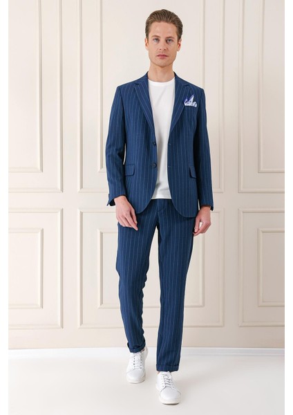 Comfort Fit Çift Yırtmaç Çizgili Pamuk Casual Lacivert Ceket C 674